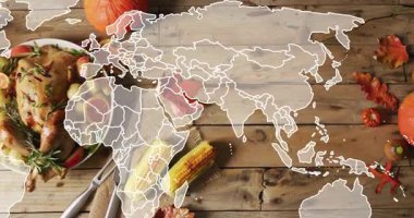 Mısır ve sonbahar yapraklı Şükran Günü yemeği masadaki dünya haritası animasyonunda. Kutlama, hasat, şenlik, mevsimlik, cornucopia, gelenek