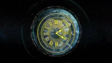 Yıldızlı gece arka planında Roma rakamlarıyla parlayan saatin animasyonu. Zaman, saat mekanizması, astronomi, göksel, aydınlık, kozmik