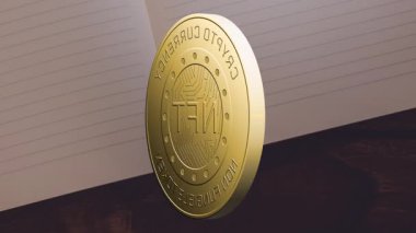 NFT animasyonu, şifreli para temalı altın sikke. Kripto para birimi, engelleme zinciri, finans, teknoloji, dijital, yatırım