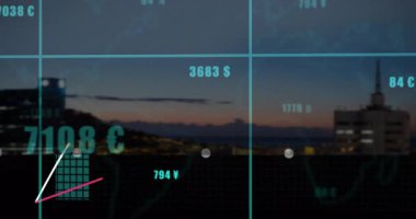 Gün batımında şehir manzarası üzerinden finansal verileri gösteren bar ve çizgi grafiklerinin animasyonu. Finans, analitik, büyüme, istatistik, iş, yatırım