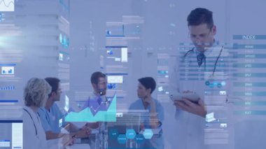 Veri tartışması, tıbbi uzmanlar dijital çizelgeleri animasyon örtüsüyle analiz ediyorlar. Doktorlar, teknoloji, analitik, yenilik, sağlık, araştırma