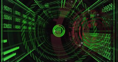 Okul animasyonunda, dijital tünel yeşil veri ve sayılarla dolup taşıyor. Teknoloji, siber uzay, matris, sanal, fütüristik, ağ