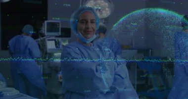 Hastanede, ameliyat önlüğü uzmanı ekipman animasyonuyla verileri analiz ediyor. Sağlık, teknoloji, analiz, araştırma, tanı, yenilik