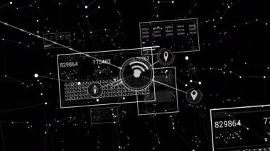 Dijital ağ bağlantıları soyut siyah arkaplan üzerinde veri animasyonu işliyor. Teknoloji, fütüristik, siber alan, bilgi