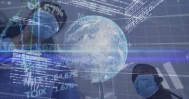 Okulda, maske takan sağlık görevlilerini kapsayan borsa verilerinin animasyonu. Maliye, istatistik, teknoloji, ekonomi, analiz