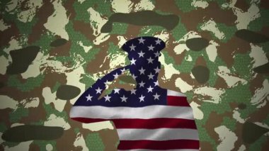 Kamuflaj arka planında Amerikan bayrağı animasyonu olan asker siluetini selamlıyorum. Ordu, vatanseverlik, onur, savunma, selam, ordu