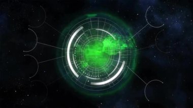 Okul ortamında yıldızlı arkaplanı tarayan yeşil dijital radar animasyonu. Teknoloji, keşif, gelecek, galaksi, astronomi.