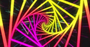 Renkli neon sarmal geometrik şekiller hipnotik tünel oluşturuyor. soyut, canlı, dijital, fütürist