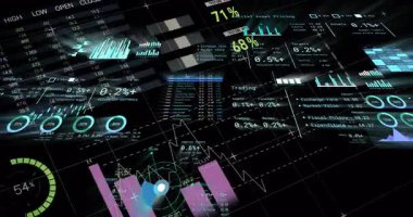 Karanlık arka planda veri analizini gösteren finansal grafik ve grafiklerin animasyonu. Analizler, finans, teknoloji, büyüme, iş dünyası, ekonomi