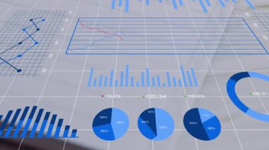 Şebeke arka plan animasyonunda finansal veri analizi, grafikler ve grafikler gösteriliyor. Finans, veri görselleştirme, analitik, istatistik, bilgi grafikleri, iş