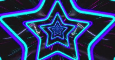 Neon yıldız şekillerinin animasyonu canlı renklerle dinamik tünel oluşturur. soyut, hareketli, renkli, dijital, parlayan