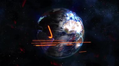 Tehlike uyarısı ve uzay animasyonunda acil eylem metni. teknoloji, alarm, evren, evren, acil durum, küresel