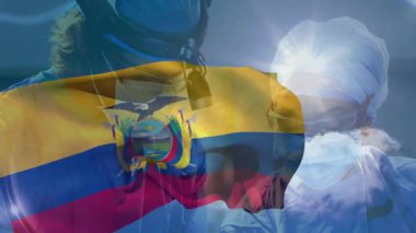 Ekvador bayrağı animasyonu eşleşen koruyucu ekipmanlı sağlık görevlileri. Tıbbi, koruma, salgın, güvenlik, kriz, takım çalışması