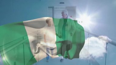 Hastane koridorunda yürüyen doktor ve çocuk üzerinde Nijerya bayrağı animasyonu. Sağlık, pediatrik, aile, destek, bağlanma, tıbbi