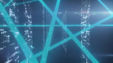 Parlak çizgilerin animasyonu ve fütüristik dijital ağdaki soyut şehir manzarası. teknoloji, siber, sanal, kentsel
