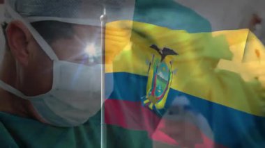 Maske takan, Ekvador bayrağı sallayan bir sağlık görevlisi. salgın, cephe hattı, milliyet, koruma, birlik, illüstrasyon