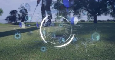 Golfçü dijital veri ve teknolojiyle rotasında animasyonu örtüyor. spor, yenilik, artırılmış gerçeklik, analitik, dijital dönüşüm