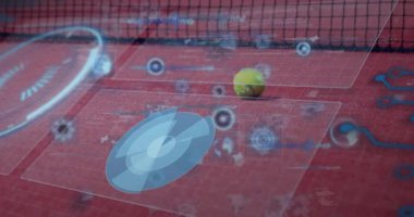 Dijital veri ve teknolojik animasyon sahneleriyle tenis kortu. inovasyon, spor, analitik, fütüristik, görselleştirme, veri güdümlü