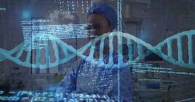 Okuldaki sağlık uzmanıyla DNA dizilimi ve ikili kodlama animasyonu. Biyoteknoloji, genetik, biyoenformatik, eğitim, tıbbi, araştırma