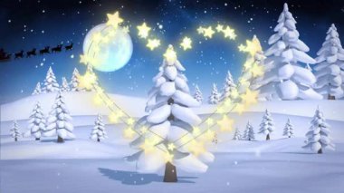 Noel Baba 'nın kızağının karlı bir arazide Noel ağacının üzerinde uçuşu. bayram, kış, şenlik, sihir, kutlama, şenlik