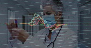 Renkli grafikler analiz ediliyor, hastane koridorunda tıbbi uzman çalışıyor. Sağlık, analitik, veri, bilim, teknoloji, araştırma