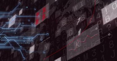 Soyut kırmızı ve siyah animasyon arkaplanındaki dijital veri ve grafikler örtüşüyor. Teknoloji, fütüristik, yenilik, modern, analitik, bilgi