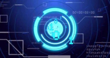 Parlayan mavi daireler ve ikili kod animasyonuyla gelecekçi dijital arayüz. Teknoloji, yenilik, siber, veri, ağ, sanal