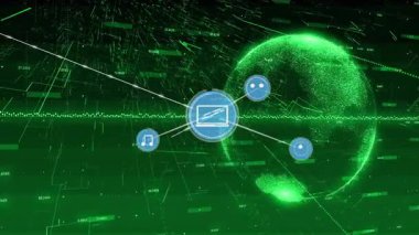 Parlayan yeşil dünya animasyonu üzerine dijital müzik ve veri ikonları ağı. Küresel, bağlantı, gelecek, teknoloji, iletişim