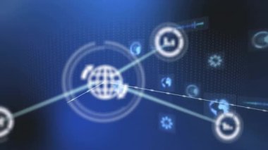 Mavi arkaplan üzerinde dijital bağlantılar ve veri işleme animasyonu ağı. Teknoloji, ağ oluşturma, bağlantı, yenilik, siber güvenlik, internet