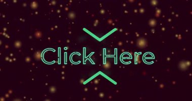 Neon 'u çevreleyen parlak parçacıklar Burada koyu animasyon arka planında metne tıklayın. Dijital, teknoloji, fütürist, web