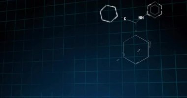 Fütürist dijital animasyon arayüzündeki kimyasal yapılar ve devre kalıpları. Teknoloji, yenilik, soyut, bilim kurgu, elektronik.