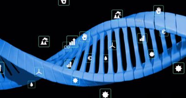 DNA ipliği ve simgeleriyle sürdürülebilirliği ve genetik araştırmayı gösteren animasyon. Genetik, yenilik, biyoteknoloji, çevre, gelecek, bilim