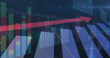 Finansal tablolarda yükselen kırmızı okun canlandırılması ve veri görselleştirme ekranı. Finans, büyüme, başarı, analitik, ilerleme, istatistik