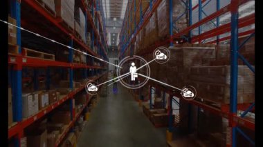 Depo koridorlarında gezinmek, ağ bağlantılarını ve veri işlemeyi yöneten işçiler. Lojistik, teknoloji, verimlilik, dağıtım, bağlantı, yönetim
