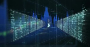 Finansal analiz için dijital veri akışlarının ve grafiklerin animasyonu oluşturuluyor. Finans, analitik, teknoloji, görselleştirme, ekonomi, iş