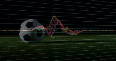Futbol topunun çimlerin üzerinde dalgalanan finansal grafik çizgilerinin animasyonu. Finans, büyüme, spor, yatırım, analiz, ekonomi
