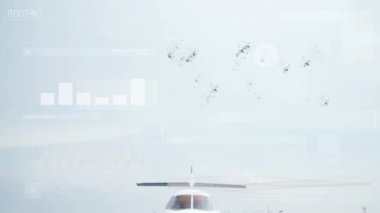 Pistte, havalimanı zeminli beyaz jetin etrafındaki dijital verileri kaplayan animasyon. Havacılık, teknoloji, yenilik, uçak, aerodinamik, ulaşım