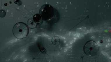Küre ile soyut manzara üzerinde ikili kodlu dijital ağın animasyonu. Teknoloji, gelecek, veri, bağlantı