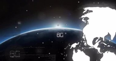 6G metin animasyonu dijital dünyada uzay arka planına karşı yüzüyor. Teknoloji, yenilik, bağlantı, telekomünikasyon, fütüristik, ağ