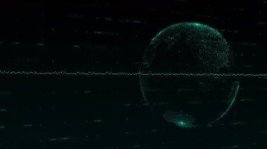 Ağ bağlantıları, veri noktaları ve animasyon çizgileri olan dijital küre oluşturuluyor. Teknoloji, bağlantı, yenilik, küreselleşme, fütüristik