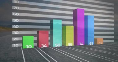 Okyanus zemininde animasyon halinde numaralandırılmış renkli çubuk grafiği. İstatistikler, veri görselleştirme, analitik, bilgi, finans, soyut