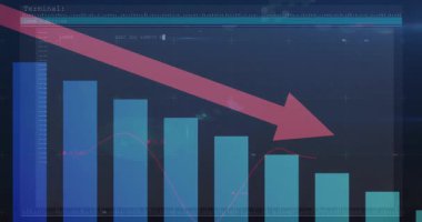 Uçbirim arayüzünde dijital verilerle birlikte aşağı doğru giden kırmızı okun çizgi grafikteki animasyonu. Maliye, ekonomi, ticaret, analiz, teknoloji, borsa