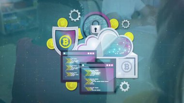 Bulut hesaplama ve kripto para birimi sembollü engelleme elemanları ve kodlama ekranları. Teknoloji, fintech, dijital, yenilik, ağ, güvenlik