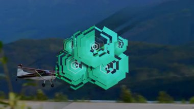 Uçak pistten kalkıyor, arka planda orman dağlarının animasyonu var. Havacılık, uçak, ulaşım, seyahat, kalkış, manzara