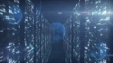 Fütürist koridor animasyonunda dijital veri akışına sahip 5G teknoloji küresi. yenilik, bağlantı, ağ, iletişim, küresel, modern