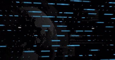 Arkaplanda grafikler ve kodlarla animasyon, dijital veri görselleştirmesi oluşturuluyor. Teknoloji, analitik, programlama, yenilik, fütüristik