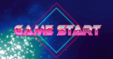 Canlı şekiller ve yıldızlı arkaplan üzerinden Game Start metninin parlayan animasyonu. dijital, renkli, retro, oyun, neon, soyut