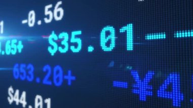 Değişen borsa numaralarının ve mavi ekrandaki sembollerin animasyonu. Finans, ticaret, hisse senedi, ekonomi, yatırım, dijital
