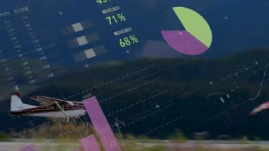 Manzarayı kaplayan grafik ve çizelge animasyonlarıyla havalanan uçak. Havacılık, analitik, teknoloji, istatistik, uçuş, veri