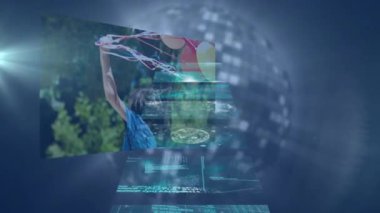 Dijital ağ ve veri işleme ile çocuğun yüzü animasyonu örtüyor. Teknoloji, yenilik, gelecek, bağlantı, sanal, siber